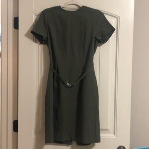 H&M dark green knee length belted dress zips in back